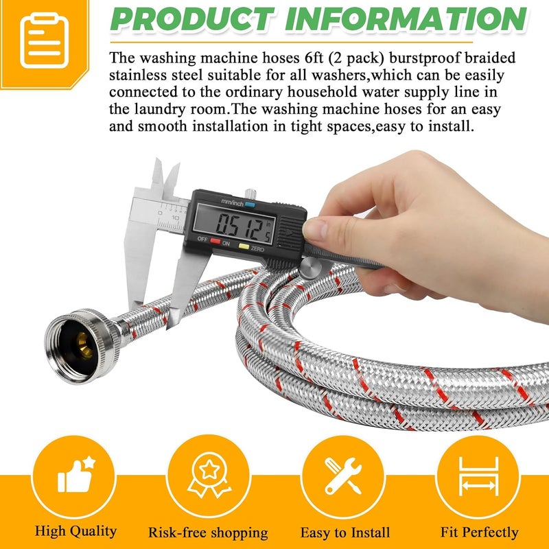 Techecook 6Ft Stainless Steel Washing Machine Hoses Burst Proof Hot and Cold Water Supply Hoses Universal for All Washers by - 2Pack Premium Water Supply Lines - 10 Years Warranty - Image 3